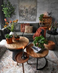 Fa bútorok, növényekkel